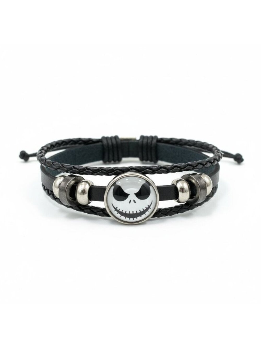 Jack Skellington Black Braided Leather Bracelet With Adjustable Strap And Metal